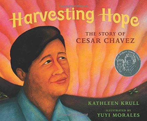 "harvesting hope" book cover featuring an illustrated image of Cesar Chavez